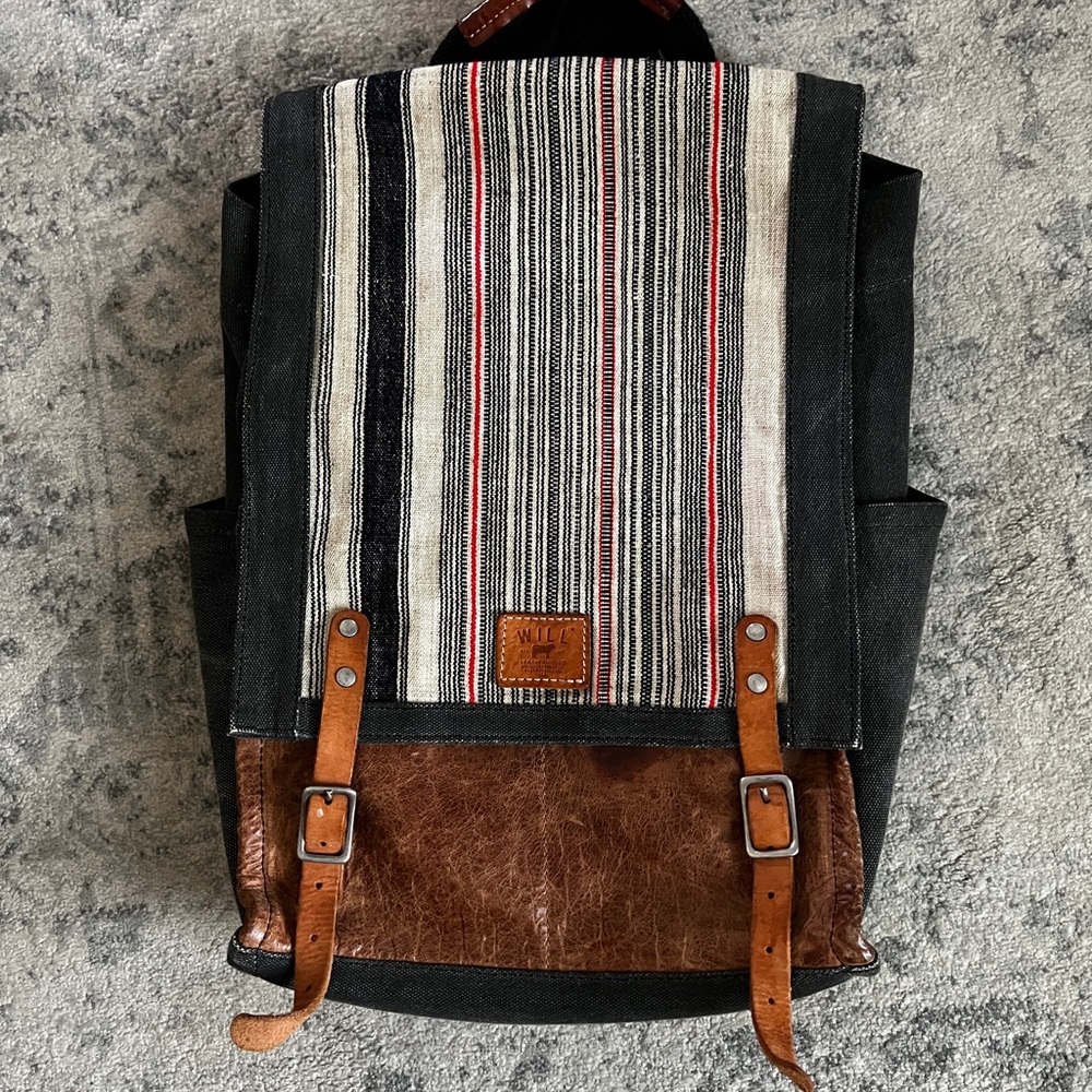 Will Leather Goods Black and Brown Backpack with Striped Design